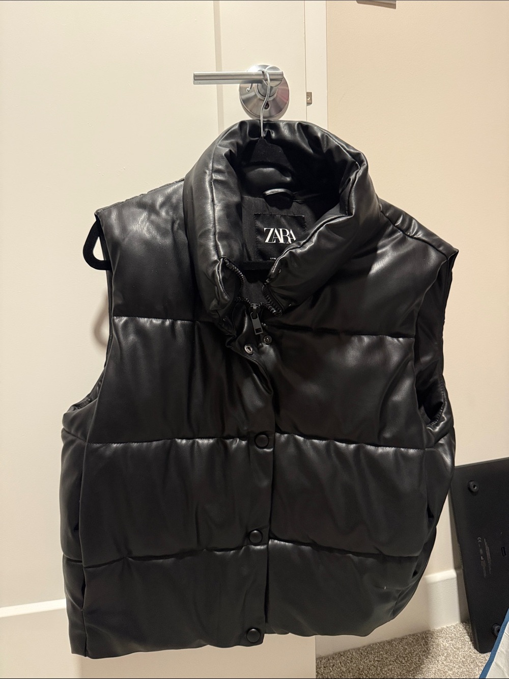ZARA Black Quilted Faux-Leather Puffer Vest